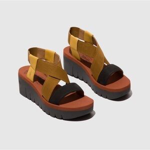 Women’s FLY LONDON Sling back sandals- bumblebee/camel/black. Size 40